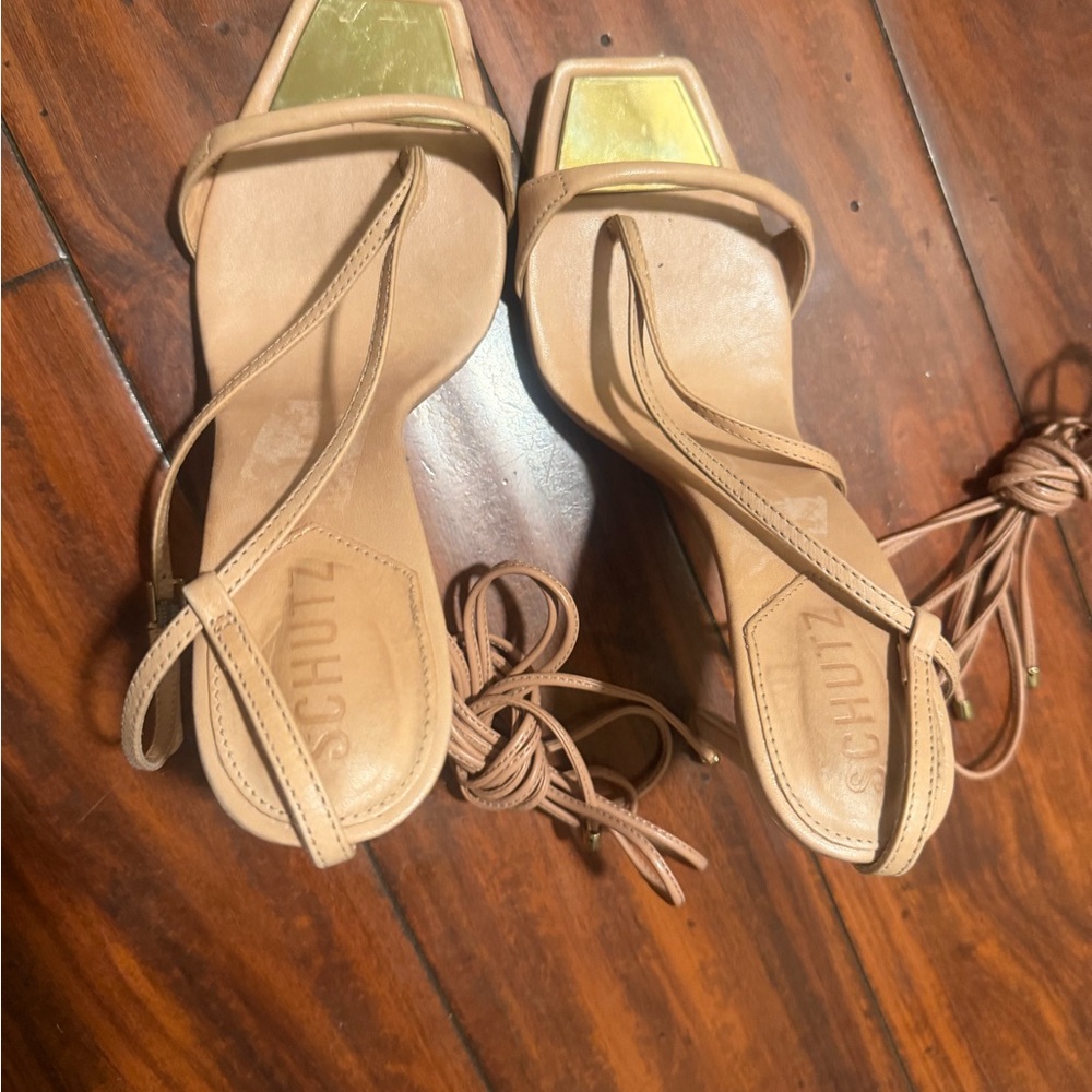SCHUTZ Tan Lace-Up Stiletto Sandals with Wrap Ankle Ties - Picture 8 of 15